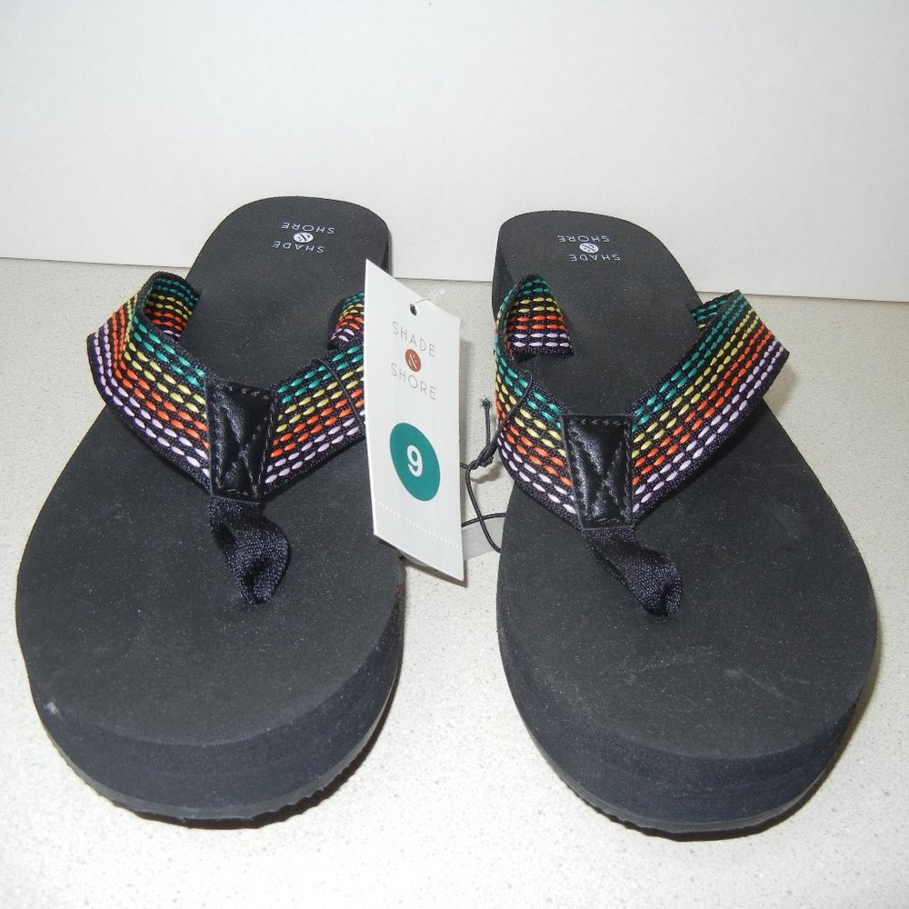 Rainbow Pride Size 9 Flip Flops Black Wedge Sandal Thong Strap Summer Spring